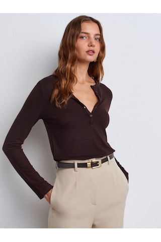 Dilvin 31544 Düğmeli Uzun Kollu Top-koyu Kahve Koyu Kahve