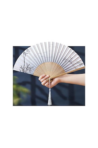 Beluga Yelpaze Bambu Serinletici Vintage Bej Şık Dekorasyon Püsküllü Japon Yelpaze 0242