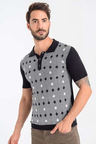 Heyss Kısa Kollu Polo Yaka Desenli Erkek Triko Siyah