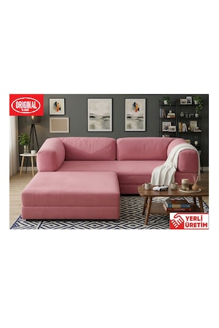 Herev 180x180 Cm 50 Dns Modüler Köşe Koltuk Fitilli Kadife Kumaş, Yatak Olabilen, Modern Tasarım Şark Köşe Pembe