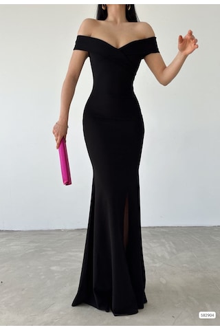 Kadın Dalgıç Kumaş Kayık Yaka Ve Dekolte Detaylı Elbise Siyah