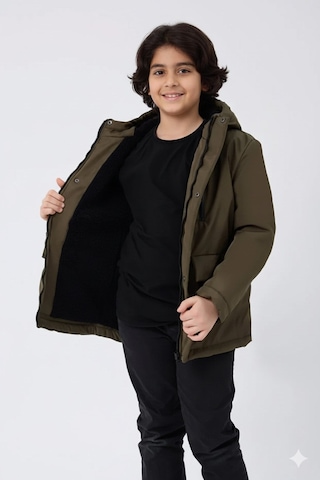 Blayn Jeans Erkek Çocuk Kürklü Su Ve Rüzgar Geçirmez Kapüşonlu Kışlık Mont & Kaban & Parka Haki