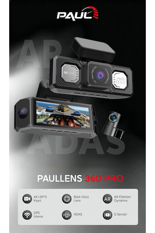 Paul Lens 360pro 4k Yapay Zekalı 4 Göz Araç Kamerası, Ön Arka Plaka Okuma Sağ Sol Balık Gözü Geniş Açılı, Gps Harita, Adas, 5g Wi-fi, Hız Göstergeli