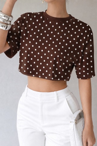 Hımmelduf Kadın Puantiye Desenli Crop Tişört Basic Oversize Yazlık Bluz Kahverengi