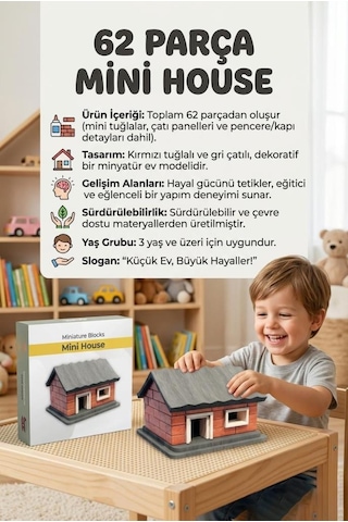 İlk Mini Evim 62 Parça Minyatür Tuğlalı Küçük Ev Tasarımlı Eğitici Yapı Oyuncak İnşaat Seti
