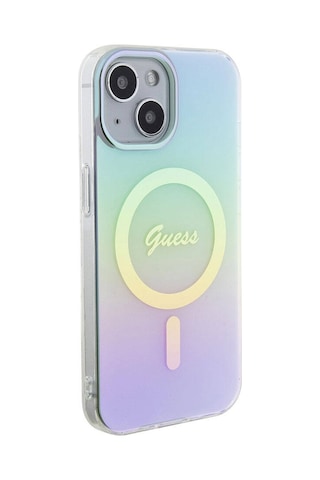 Apple Uyumlu iPhone 15 Kılıf Guess Lisanslı Magsafe Şarj Özellikli Yazı Logolu Iridescent Siyah