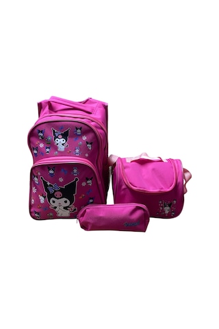 Kuromi Desenli Üçlü Kız Çocuk İlkokul Çantası + Termal Beslenme Çantası + Kalemlik Pembe