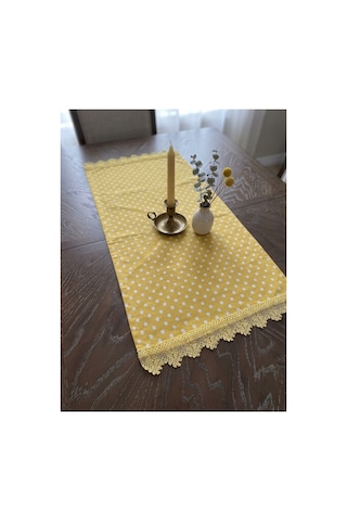Sarı Puantiyeli Dantelli Runner - Masalara Şıklık Katan Pamuklu Runner 90x50 Cm