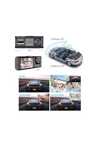 Youtek Üç Kameralı Araba Sürücü Kaydedici: Ön+arka+iç Mekan, 1080p/720p/480p, Sürekli Kayıt, Hareket Algılama, İç Kamerada Gece Görüşü Lambası
