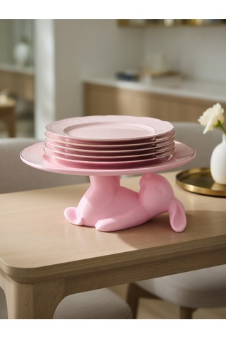 Dekoratif Tavşan Figürlü Tatlı Tabağı Standı Pasta Standı Mutfak Servis Standı 15x15 Şık Hediye Pembe