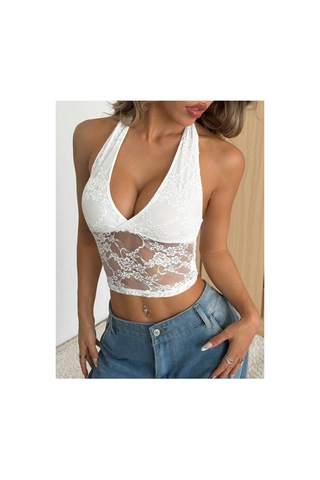 Meren Like Your Style Dantel Detaylı Crop Atlet Halter Yaka Yazlık Şık Üst Bluz Beyaz