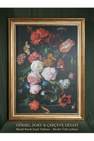 Vintage Gold Çerçeveli Tablo Vazo Ve Çiçekler 60x80 Cm