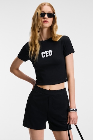 ETHIQUET VE INA Kadın Bisiklet Yaka Kısa Kollu Önü Baskılı Slim Siyah T-Shirt