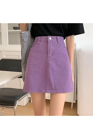 Yaz Yüksek Bel A Hattı Düğmeli Kot Etek Mini Siyah Beyaz Slim Fit Kot Etek Mor