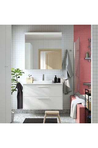 Banyo Duvar Dolabı, 100x15x95 Cm, 2 Ayna Kapaklı Açık Ceviz