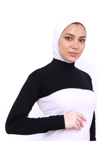 Alivascarf Balıkçı Yaka Boyunluklu Kolluk Siyah - Likralı Dik Yakalı Kadın Body Tesettür Crop Bolero