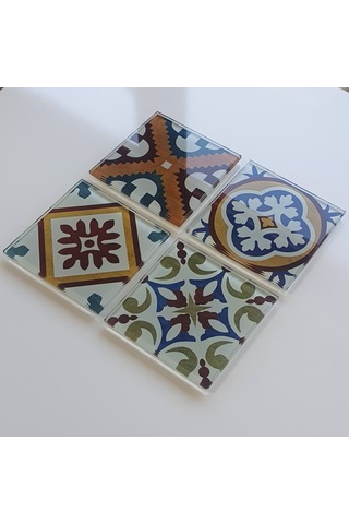 Decorita Cam Bardak Altlığı | Çini Desen |4'lü Takım| 10cm x 10cm Çok Renkli