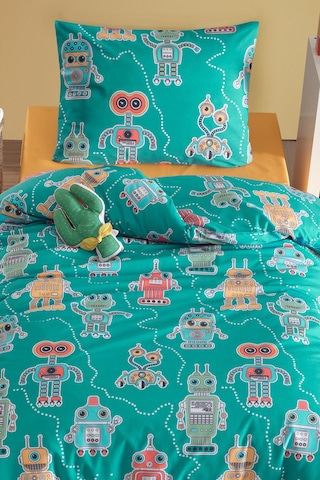 Eponj Home Tek Kişilik Pamuklu Nevresim Takımı 3 Parça Roboti Desen Yeşil / Yumuşak Dokulu Yeşil