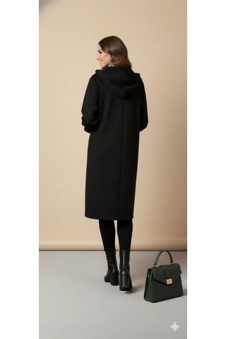 Kadın Gri Kapüşonlu Balon Kol Fermuarlı Kaban Oversize Midi Boy Kışlık Kaşe Mont Siyah