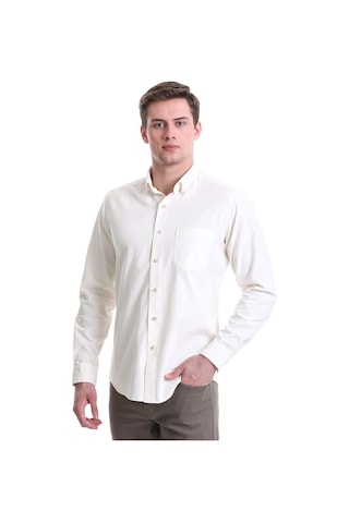 Hatemoğlu Bej Slim Fit Düz 100% Pamuklu Düğmeli Yaka Uzun Kollu Klasik Göm Bej