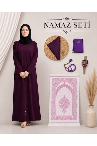 Bilenler Kadın Namaz Seti Fermuarlı Namaz Elbisesi Seccade Örtü Yasin Tesbih Zikirmatik Mor