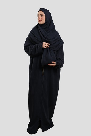 Hürrem Bone Lacivert İki Parça Fermuarlı Namaz Elbisesi Dokuma Kendinden Desenli 2516 02