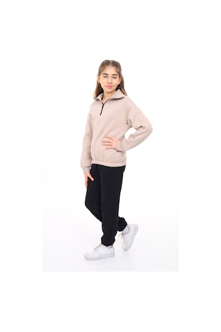 Toontoy Kids Toontoy Kız Çocuk 2'li Takım Baskılı Balıkçı Yaka Fermuarlı Sweatshirt & Beli Paçası Lastikli Cepli Jogger Eşofman Altı - Renk Bloklu 3 İplik Şardonlu Bej