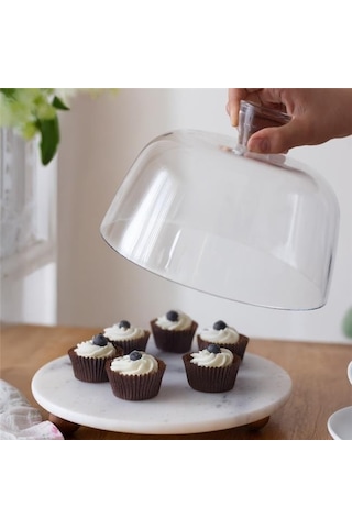 Akayev Mermer Beyaz 25 Cm Ahşap Boncuk Ayaklı Cam Fanus - Ekmek Ve Kek Standı - Pasta Standı Beyaz