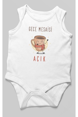 Gece Mesaisi Açık Baskılı Bebek Zıbını Çıtçıtlı Body %100 Pamuk Sıfır Kol Beyaz