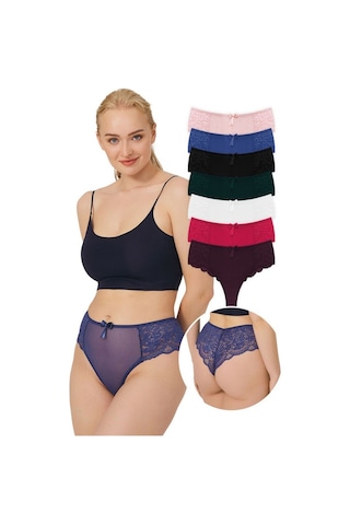 Dantelli Tül Detaylı Büyük Beden Kadın Brezilya 7'Li Paket Külot-Çok Renkli