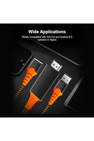 Kosona Android Ve İos Uyumlu Hdmı Kablosu - Telefon/tabletten Tv'ye 1080p Ekran Yansıtma - 2 Metre Turuncu