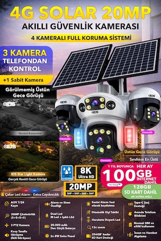20mp 4 Kamera 3 Hareketli Sım Kartlı 4g Güneş Enerjili Güvenlik Kamerası 100gb İnternt Sd Kart Dahil