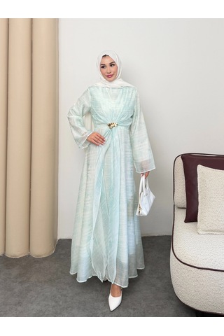 Mihran Butik Silk Model Kemerli Bilek Büzgü Desen Detaylı Kadın Elbise Mint