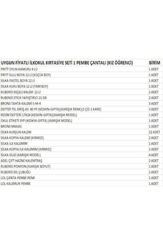 İlkokul Kırtasiye Seti 1 Pembe Çantalı Kız Öğrenci