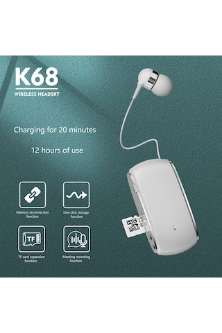 K68 Kart İş Yaka Klips Tipi Tek Kulak Bluetooth Kulaklık Beyaz