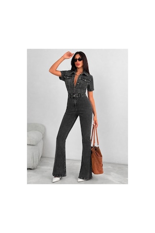 Kene Jeans Kısa Kol Kar Siyah Likralı Denim İspanyol Paça Tulum Siyah