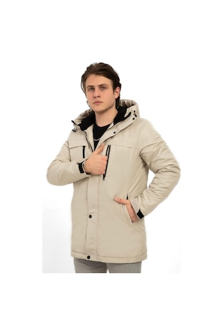 Erkek Polarlı Kürklü Su Ve Rüzgar Geçirmez Kapüşonlu Kışlık Mont & Kaban & Parka Taş