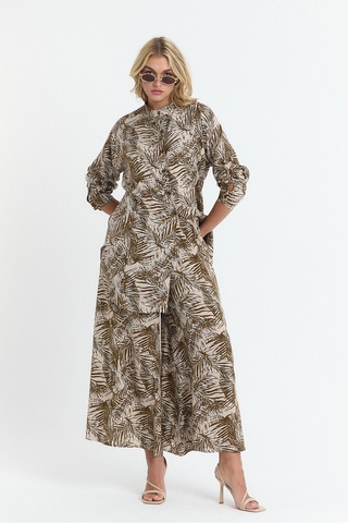 Schık Kadın Viskon Rahat Bol Paça Truvakar Kol Önü Düğmeli Baskılı Takım Kahverengi