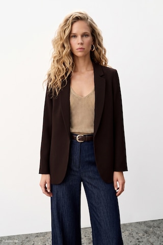 Sateen Klasik Yaka Uzun Ceket - Kahve-137477 Kahverengi