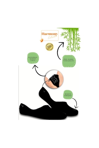 Harmony Collectıon Bambu Erkek Beyaz Babet 6 Çift Özel Kutulu, Burun Dikişsiz Ve Silikonlu Kaydırmaz Topuk Premıum Siyah