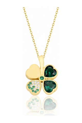 Çekirdekjewelry Zümrüt Işıltılı Dört Yaprak Yonca 925 Ayar Gümüş Kolye Sarı