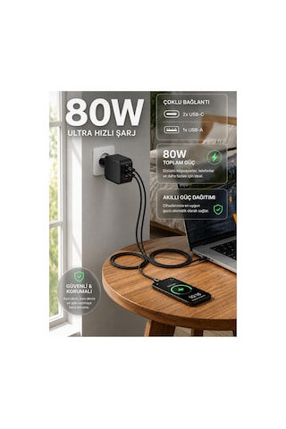 80w Hızlı Şarj Aleti 3 Portlu Type-c To Type-c Kablolu Usb-c Usb-a Pd Adaptör Apple iPhone Uyumlu Samsung