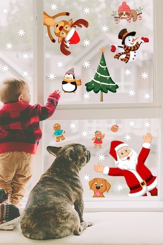 Yılbaşı Sticker Noel Baba Yılbaşı Ağacı Penguen ve Kar Taneleri Temalı