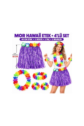 Terrien Özel Seri Luau Aloha Mor Hawaii Etek 40 Cm Ve 4 Lü Hawaii Seti Yaz Eğlencesi Kostüm Etkinliği
