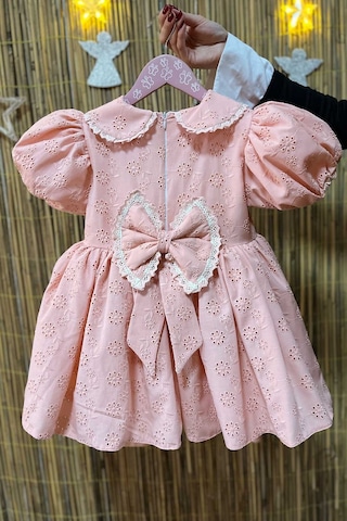 Dantel Süslemeli Balon Kol Kız Çocuk Bebek Fisto Elbise 001