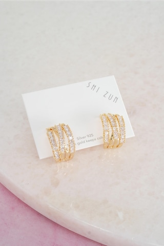 Kadın Vip Seri Baget Zirkon Taşlı 925 Ayar Gümüş Klipsli Küpe Seti - Altın