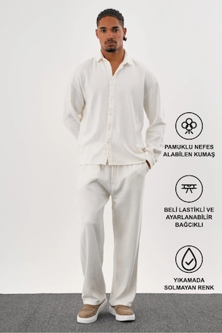 Flare Kışlık Baggy Pantolon Oversize Gömlek Alt Üst Takım %100 Pamuk Beyaz