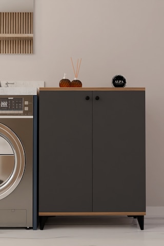 Çok Amaçlı Banyo & Çamaşır Odası Dolabı, Ayarlanabilir Raflı, Kapaklı Modern Banyo Dolabı Atlantik Çam - Antrasit