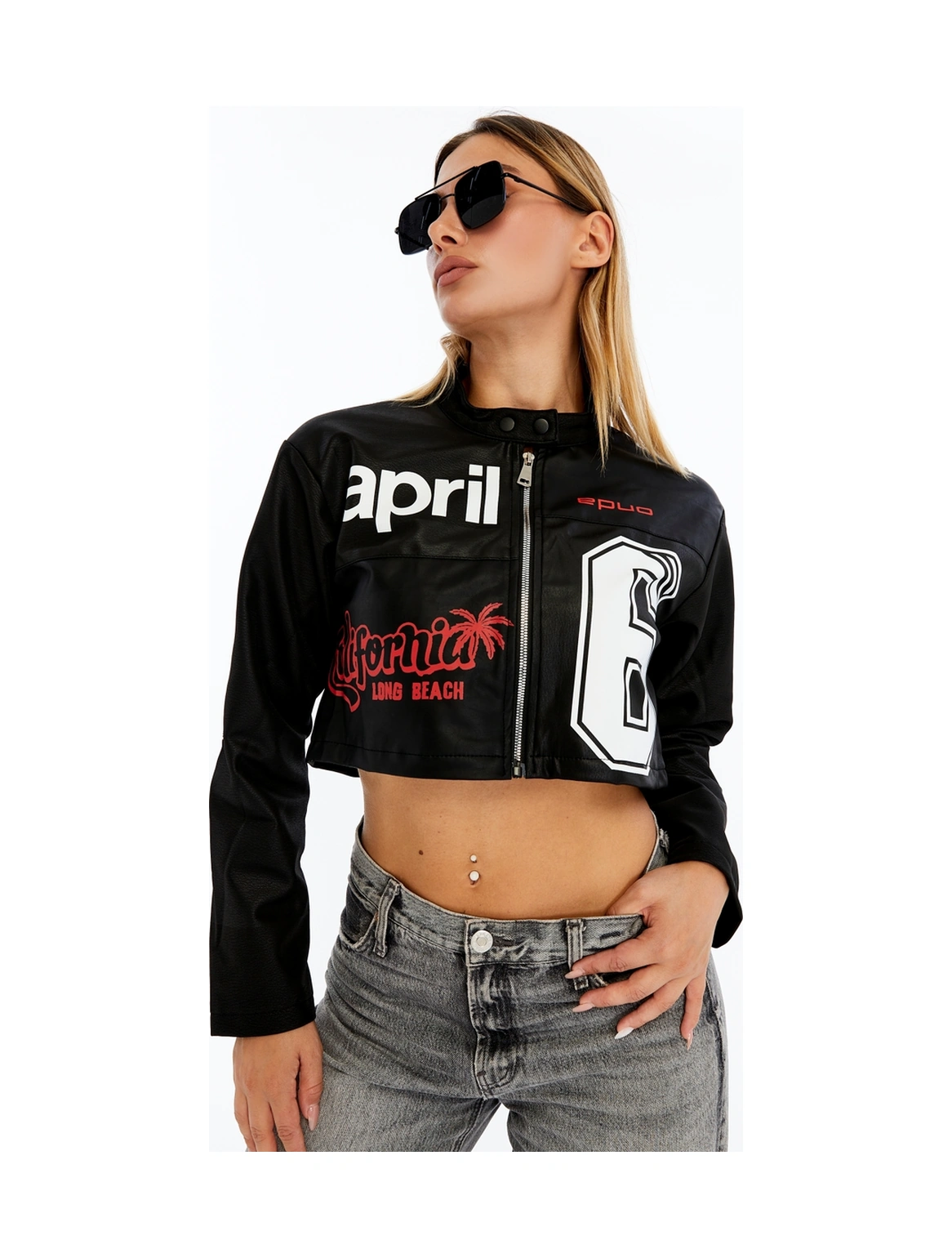 Kadın Crop Deri Ceket Renkli Baskılı Motorcu Stil Mont - Kısa Ceket Çok Renkli Mont - Hakim Yaka Siyah