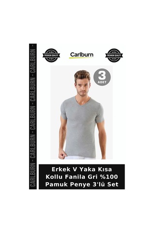 Carlburn Delux Serisi Erkek V Yaka Kısa Kollu Fanila Gri %100 Pamuk Penye 3'lü Set Klasik Temel Ev Giyim